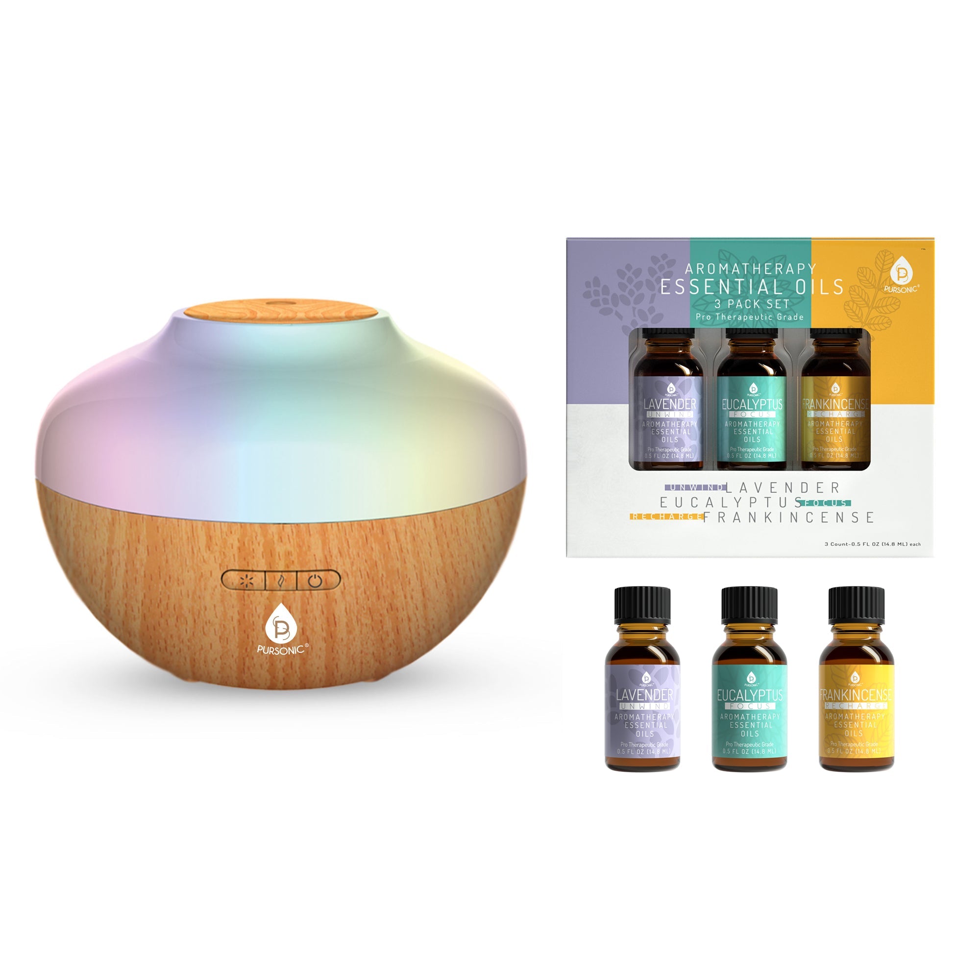 Aroma Bliss Diffuser Set – 7 LED Colors, 3 Essential Oils (Lavender, Eucalyptus, Frankincense), 300ml, 7H Mist
