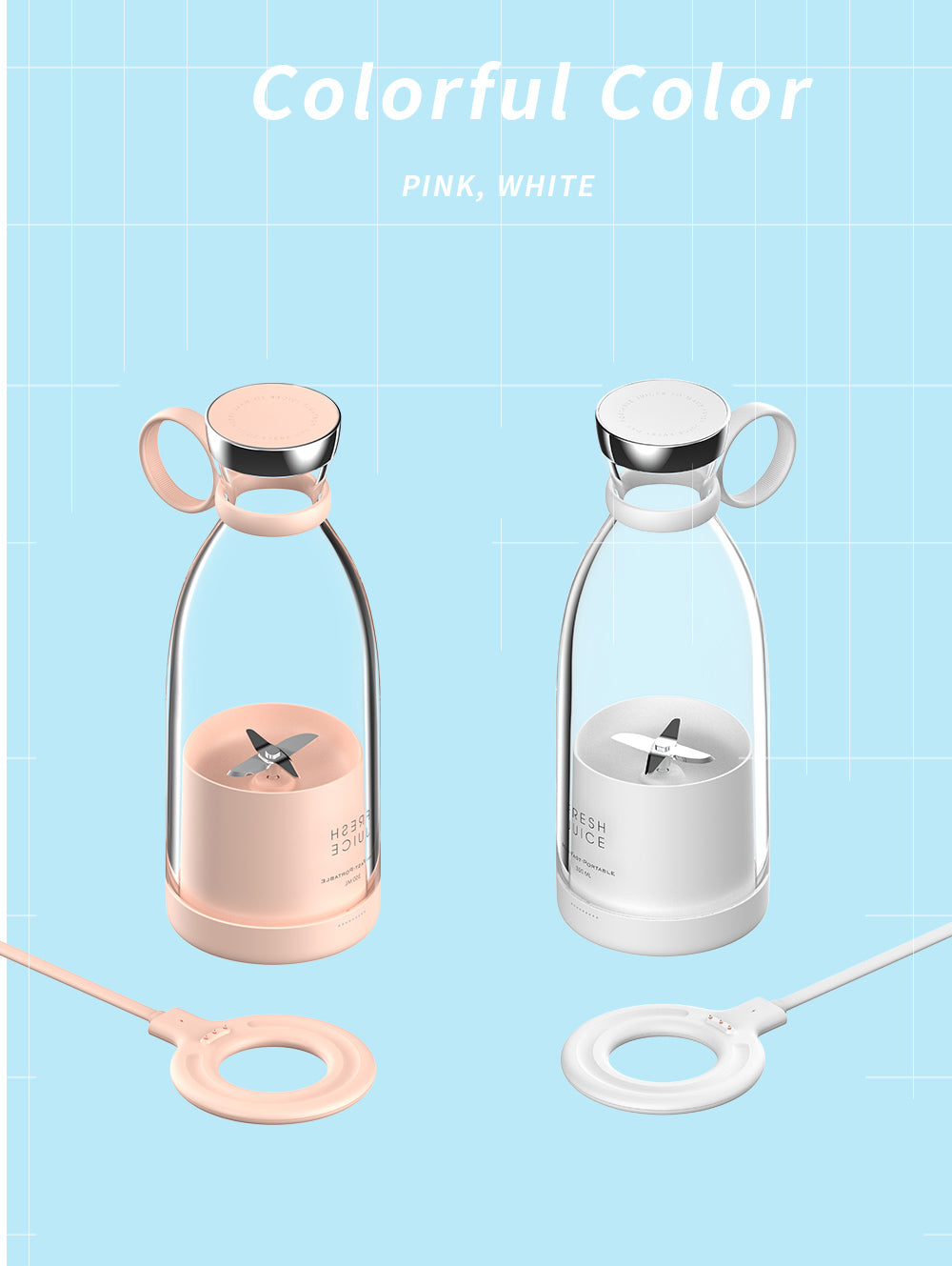 FreshBlend Wireless Portable Juicer Cup – 350ml, 4-Blade, Pink/White