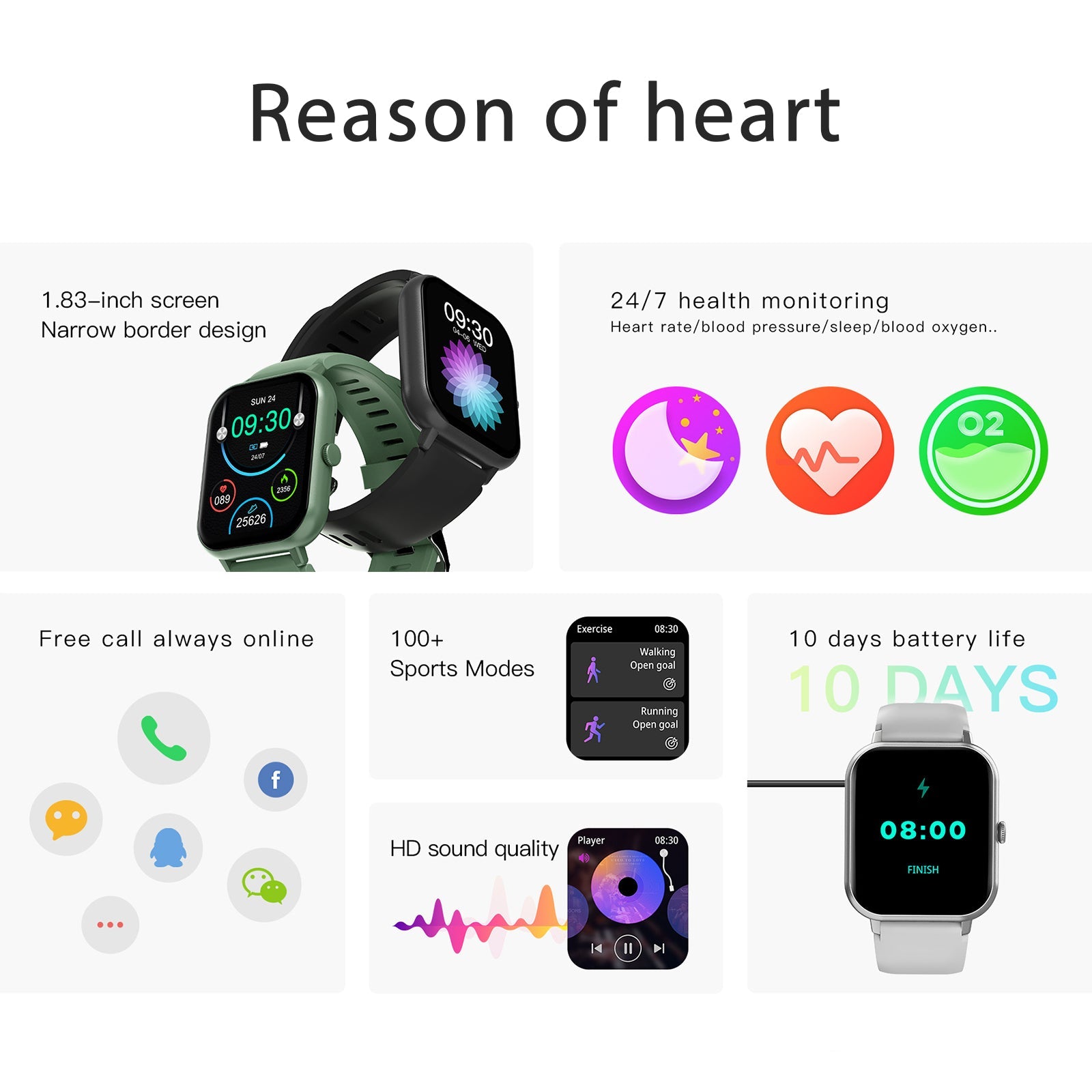 1.83" Full Touch Fitness Smartwatch with Heart Rate & Sports Modes